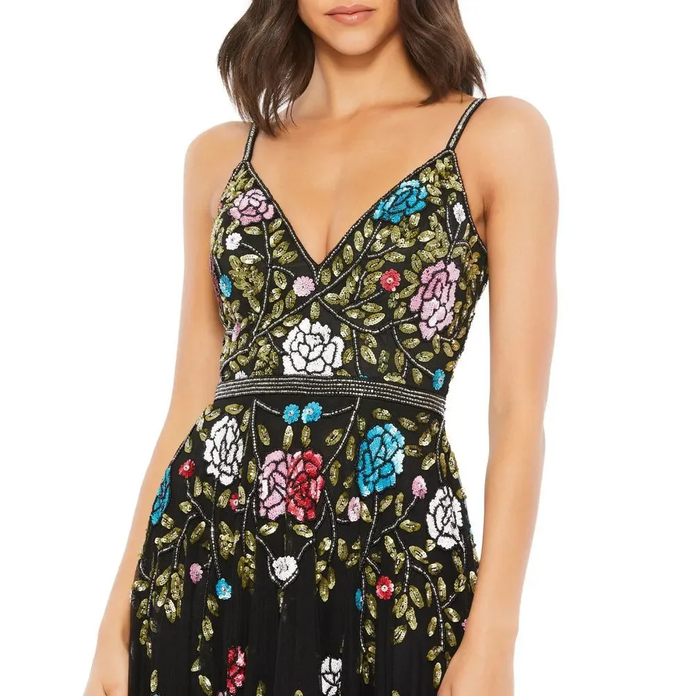 NWT $698 Mac Duggal [ 8 ] V Neck‎ Embellished Floral Sequined Gown Black #G1635 - Picture 2 of 15